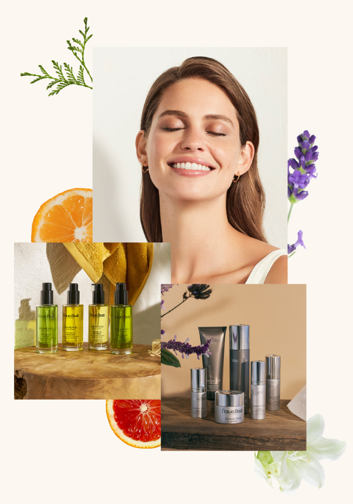 Collage modelo sonriendo con bodegón de productos Diamond y Aceites Diamond Well-Living